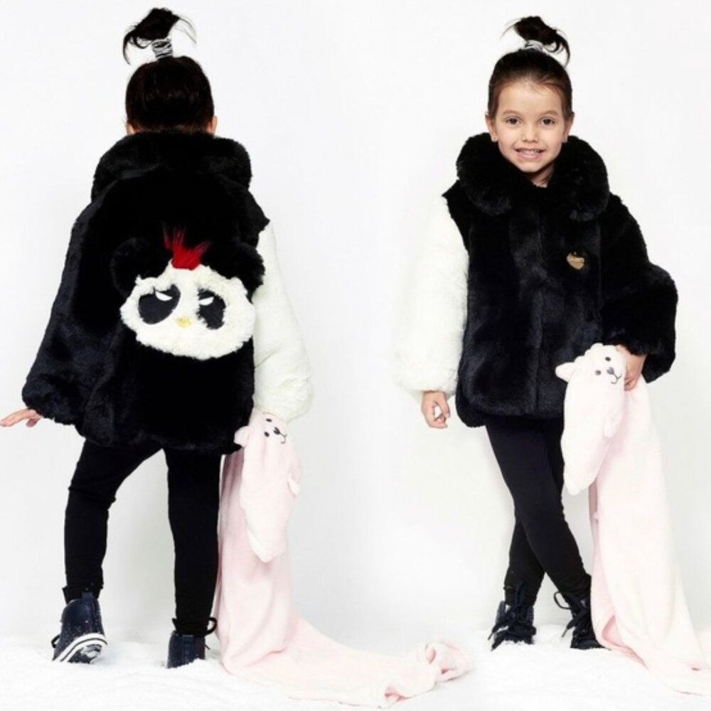 Bandits Girl Panda Patchwork Winter Faux Fur Coat Jacket Size 6-7